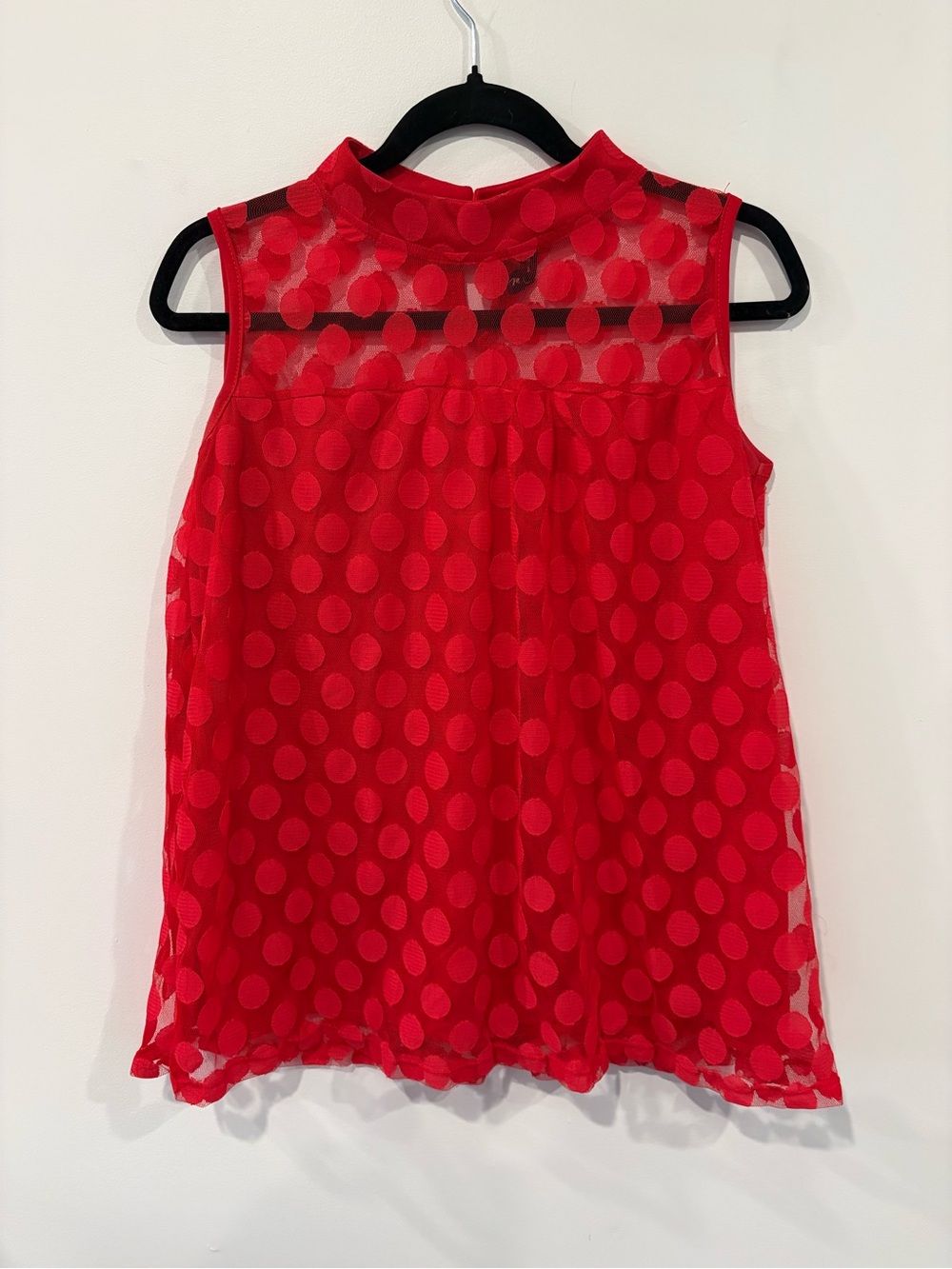 Sleeveless Red Polka Dot Mock Neck Blouse
